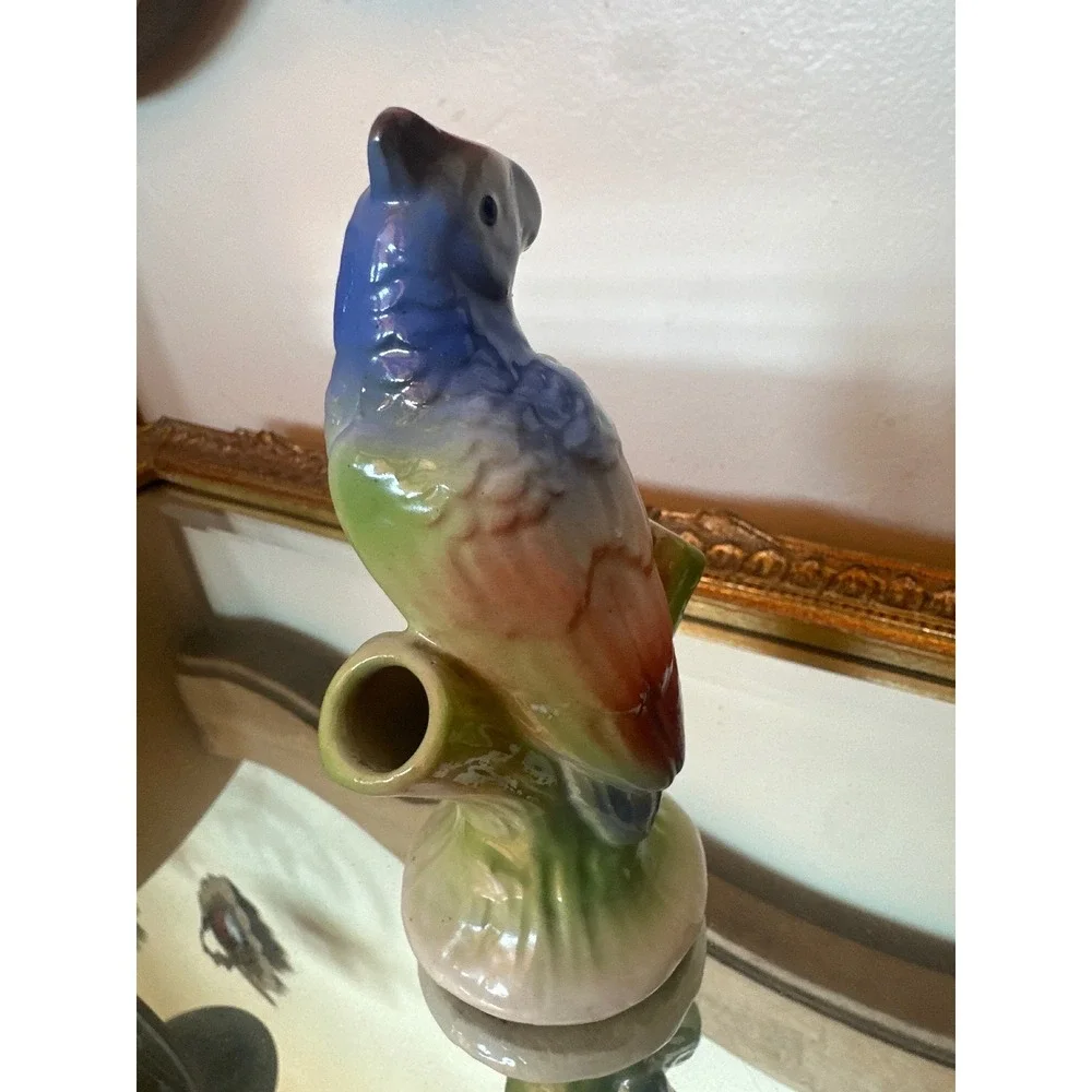 Vintage Art Deco Czechoslovakian Ceramic Parrot Bud Vase Tree Stump Flower Frog